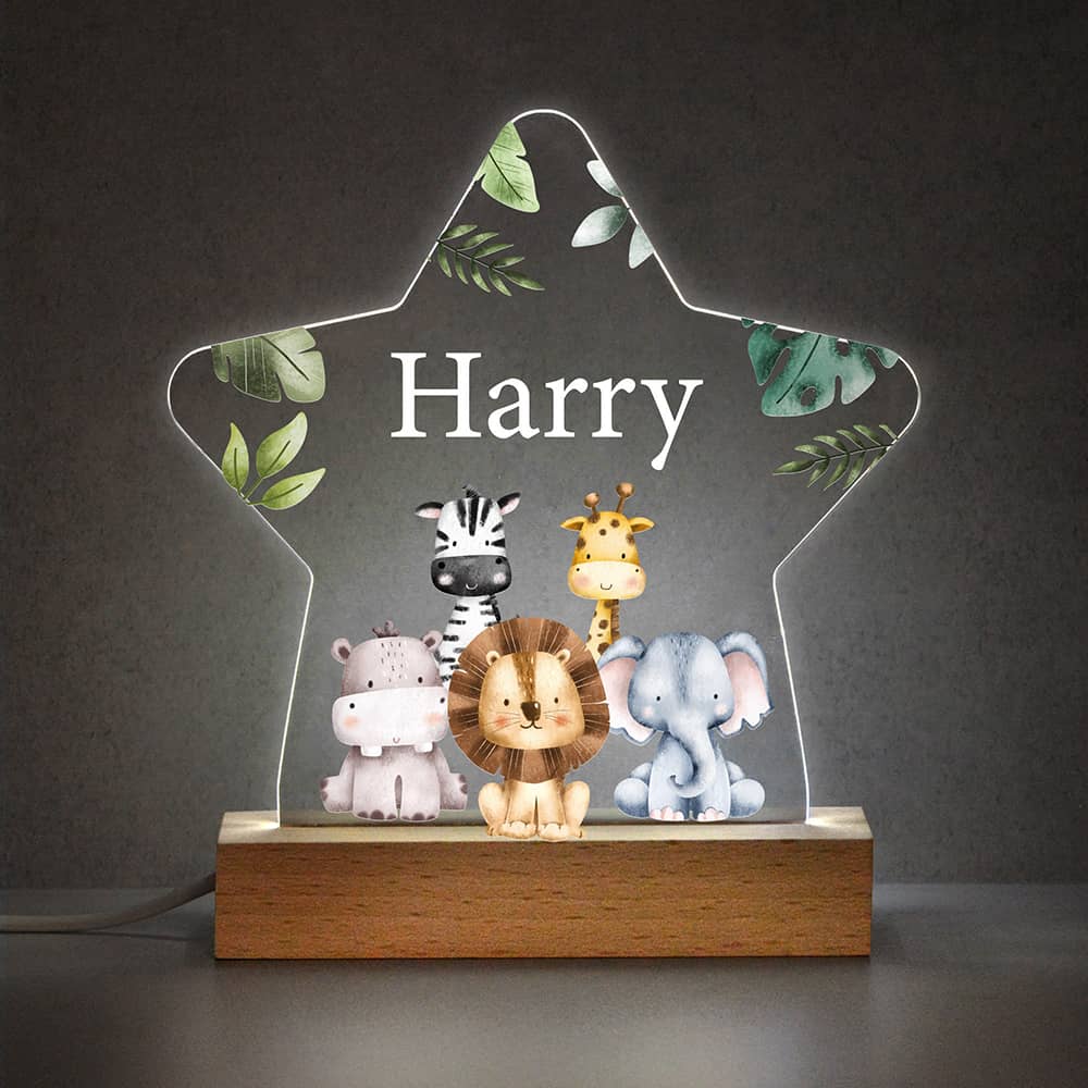 Personalised Jungle Animal Lamp Kids Star Night Light Gift