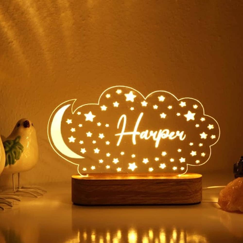 Personalized Night Light with Moon & Stars Kids Room Decor